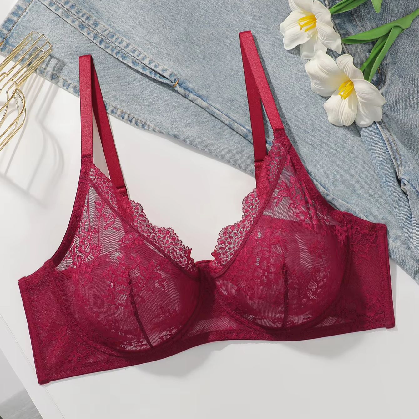 Bra Wanita Ukuran Besar Merah  - Sheer Bra Lace ulasan dan harga